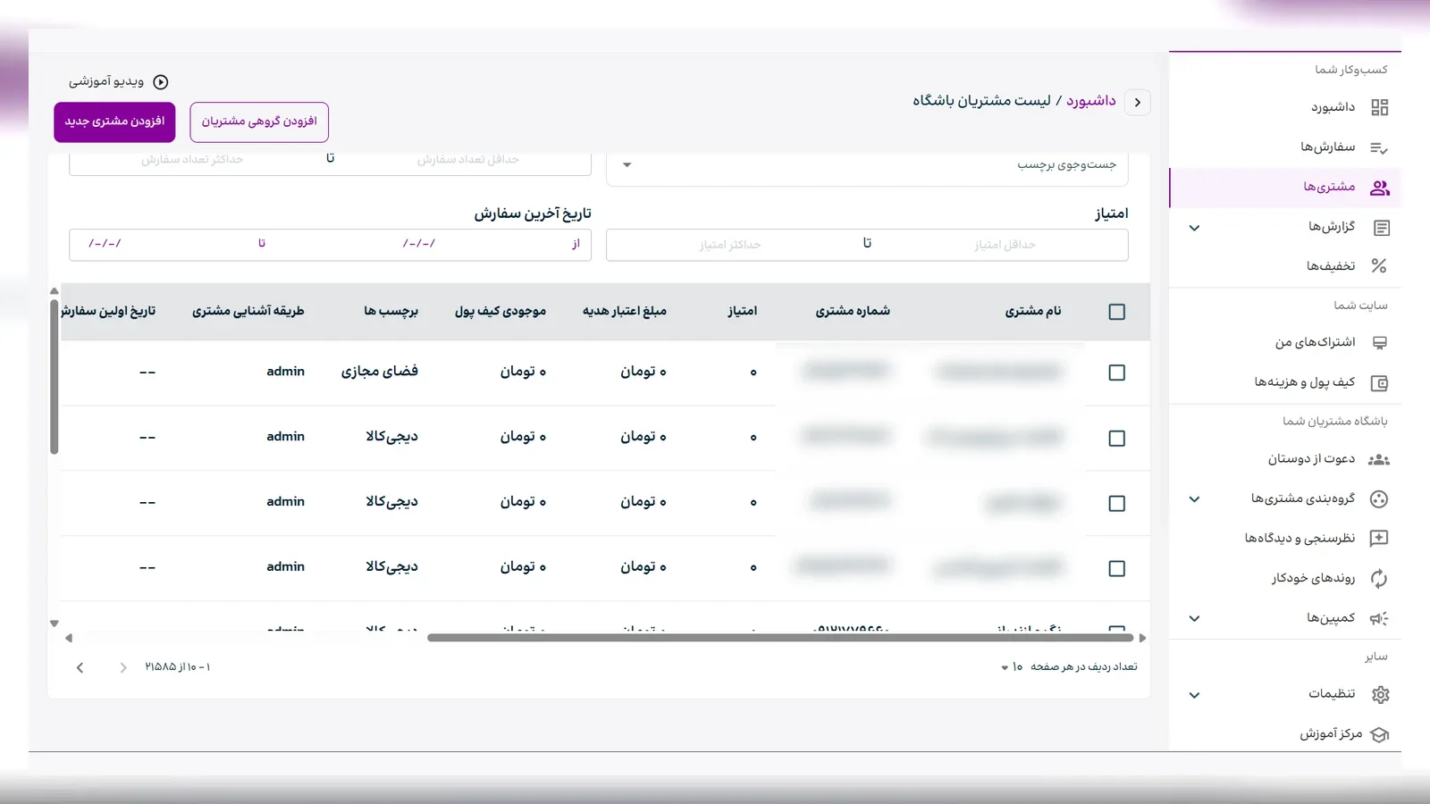 Customer list with filters, loyalty balances, scores, labels, and purchase context