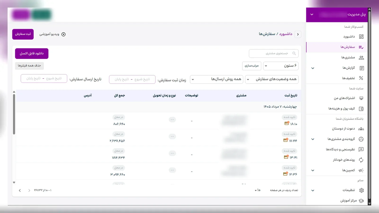 Order workspace with date, status, delivery, customer, and export controls
